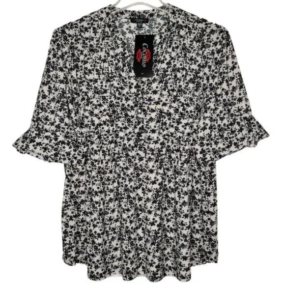 NWT Cocomo Plus Size 3X Black & Ivory Floral Print Pintuck Short Sleeve Top - Picture 1 of 8